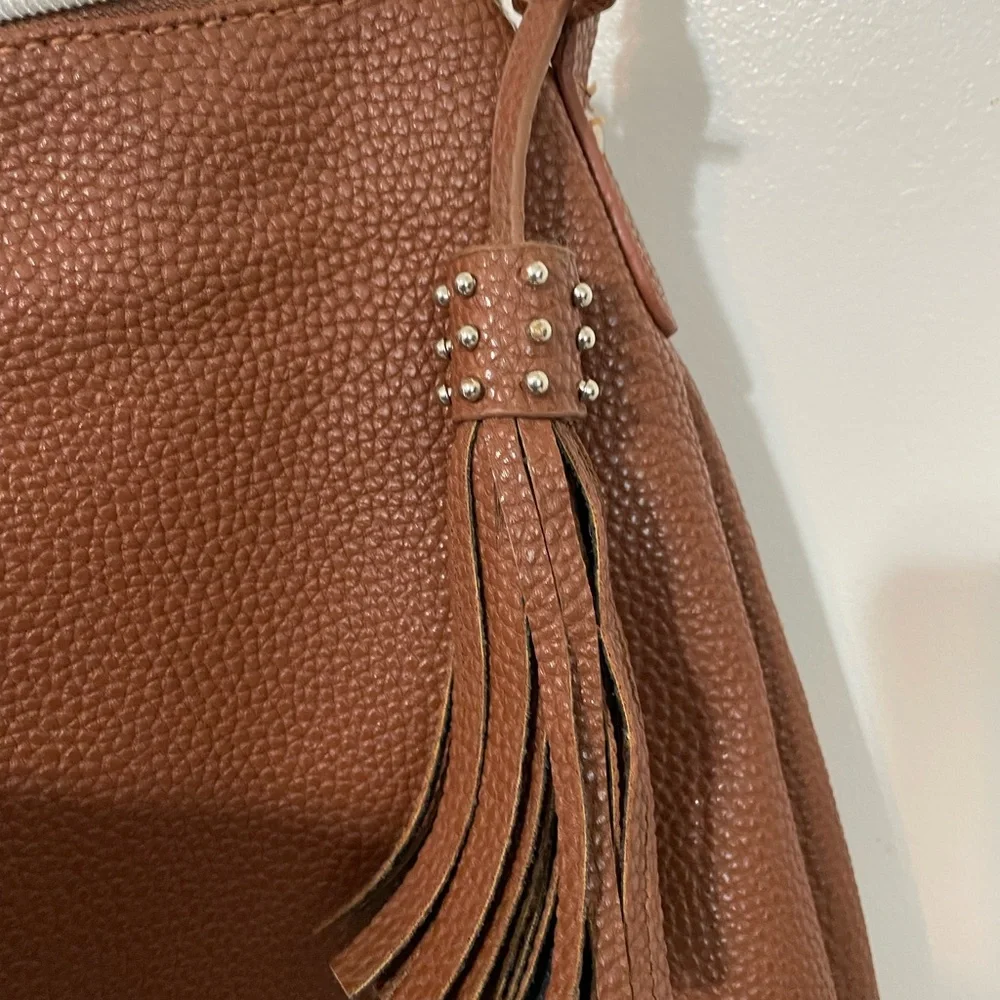 Kenneth Cole Reaction Pebbled Camel Faux Leather Grommet Accent Tote Handbag